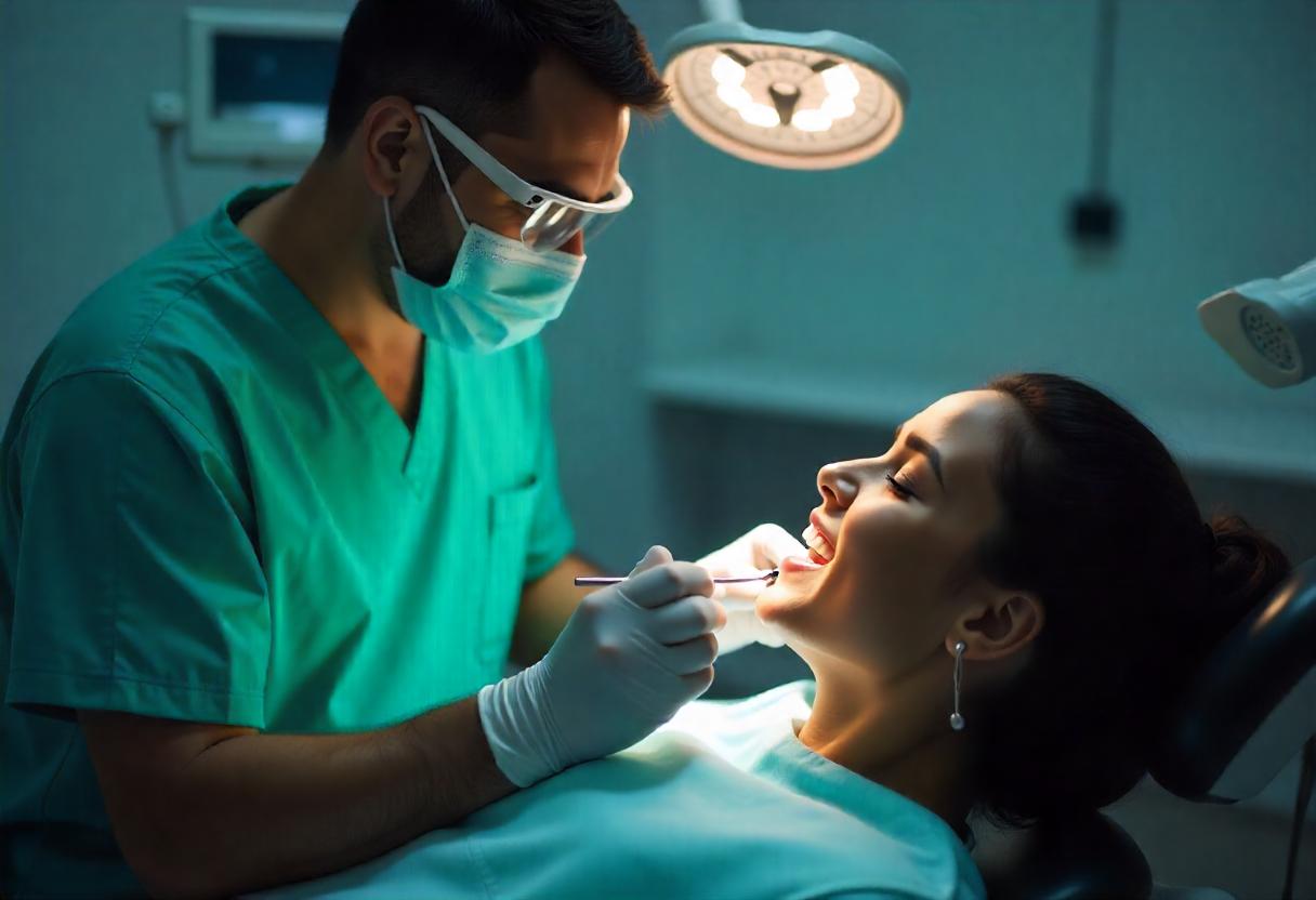 Dentist performing a root canal treatment on a smiling patient under a dental light in a modern clinic.