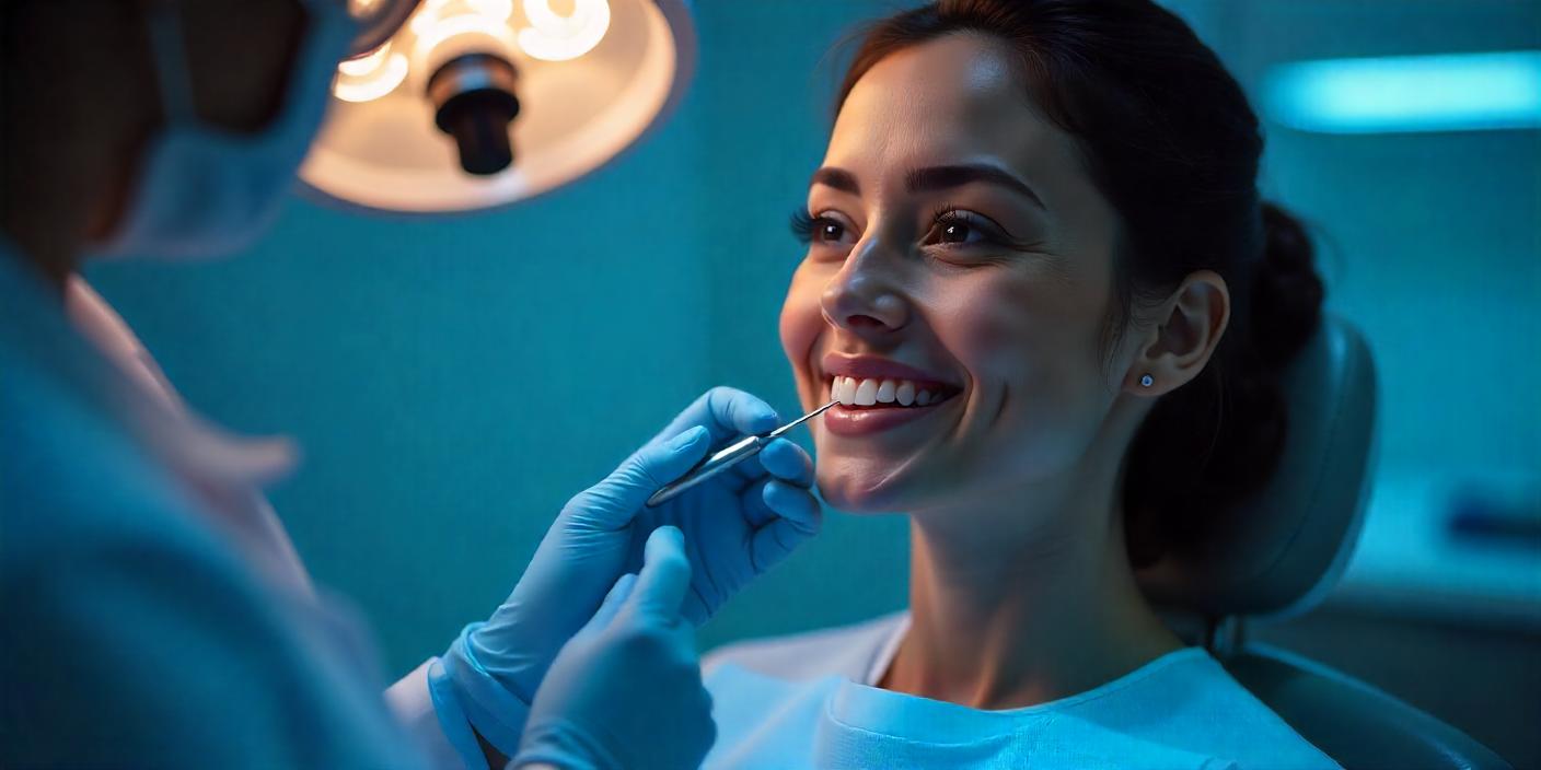 Young woman smiling confidently during a dental check-up, highlighting her bright, flawless teeth—perfect example of a successful smile makeover treatment.